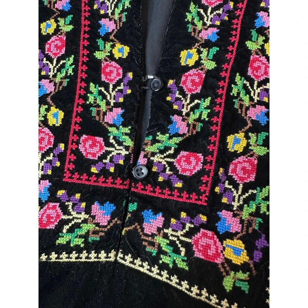 Free People Black Velvet Embroidered Floral Tunic Top V-Neck Long Sleeve Small